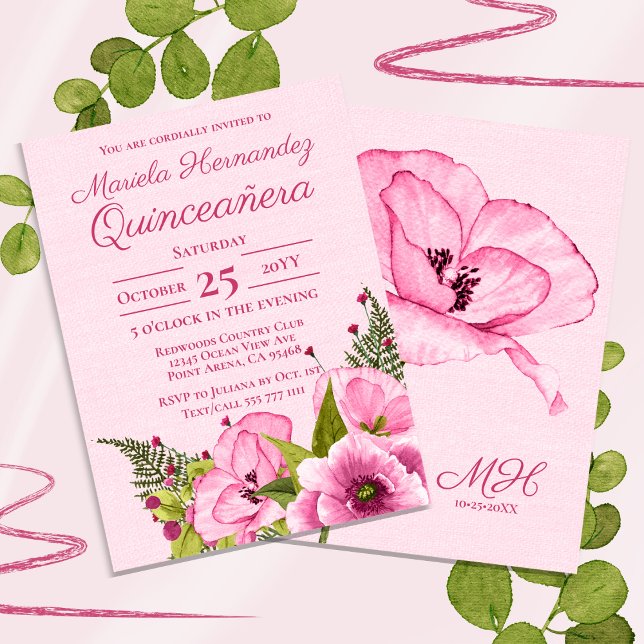 Convite Quiceañera Floral de Cor Verde Rosa Girassol (Criador carregado)