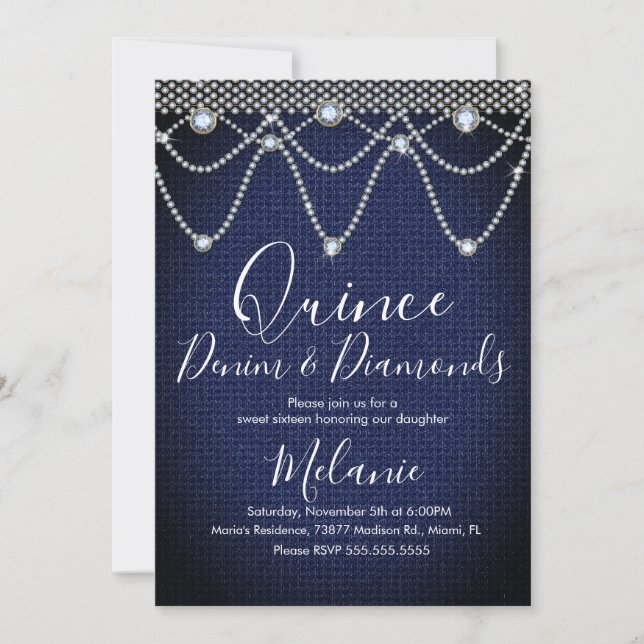 Convite Quince Denim Diamantes Joia Pérolas  (Frente)
