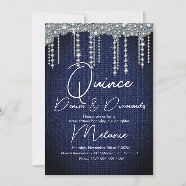 Convite Quince Denim Diamantes Joia Pérolas Chic (Frente)