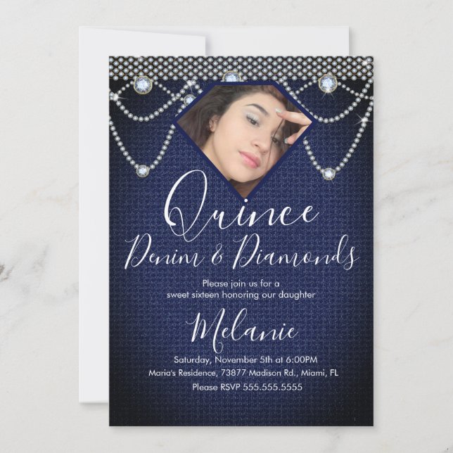 Convite Quince Denim Diamantes Joia Pérolas Foto  (Frente)