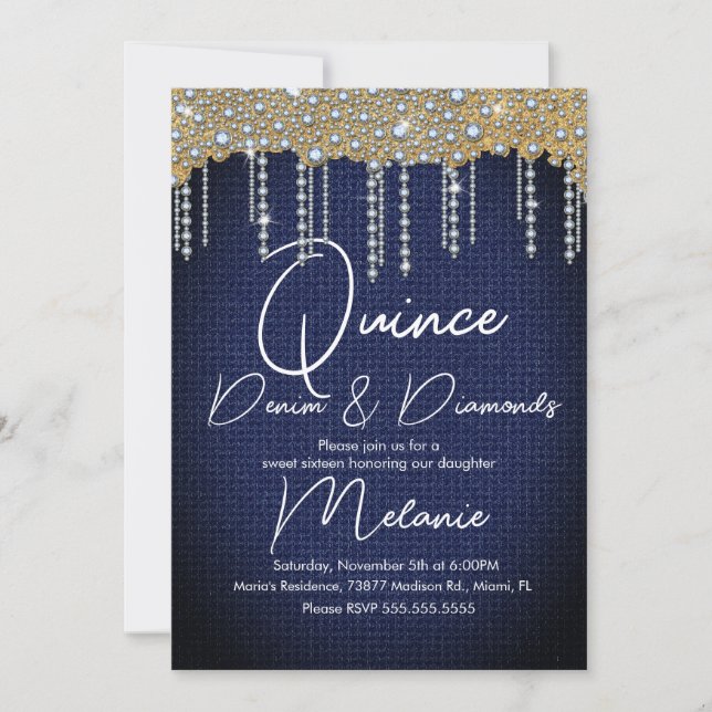 Convite Quince Denim Diamantes Joia Pérolas Ouro (Frente)