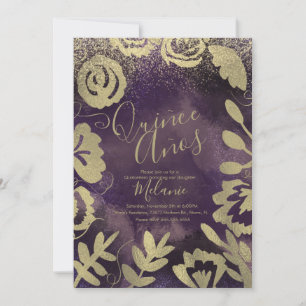 Convite Quiñce Falso Brilho Roxo Floral Dourado Aniversári