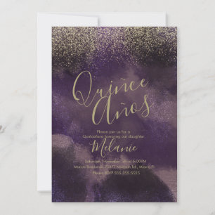 Convite Quiñce Faux Brilho Roxo Dourado Aniversário Abstra