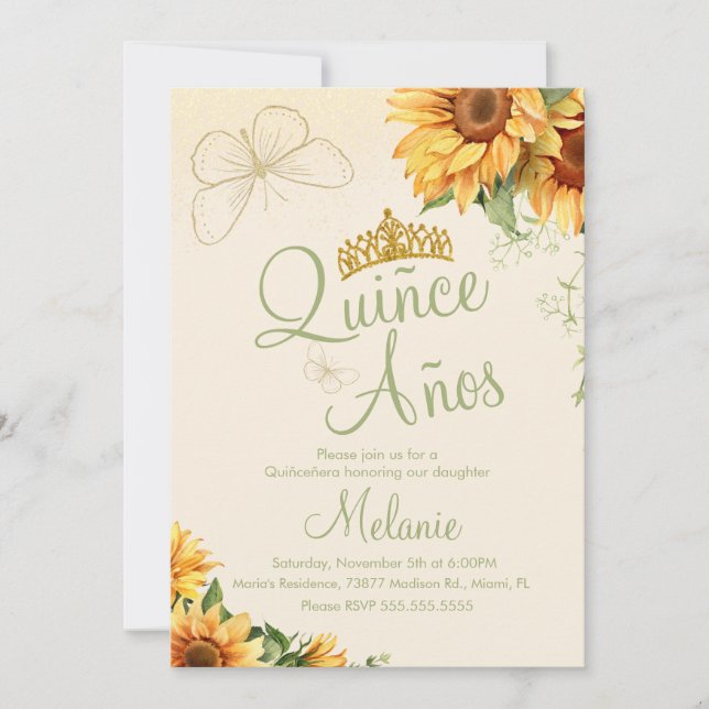Convite Quiñce Faux Glitter Aquarela Girassol Aniversário  (Frente)