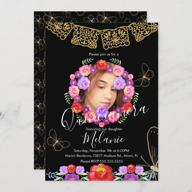 Convite Quince Glitter Faux Borboletas Florais Mexicanas (Frente/Verso)