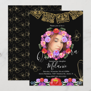 Convite Quince Glitter Faux Borboletas Florais Mexicanas