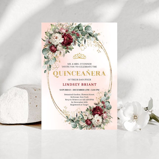 Convite Quince Rojo Profundo Flores Boho Romántico (Romantic Boho Deep Red Flowers Gold Quince Invitation)