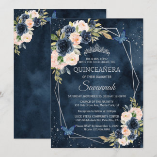 Convite Quinceana Elegante Rosa de marinho  Azul e Prata