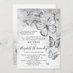 Convite Quinceana Espanhola de Borboleta Silver Elegante