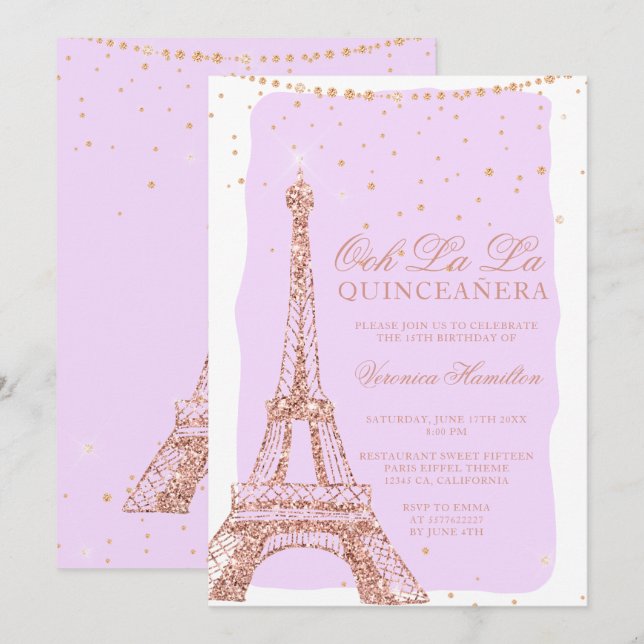 Convite Quinceana roxa rosa de torre Eiffel (Frente/Verso)