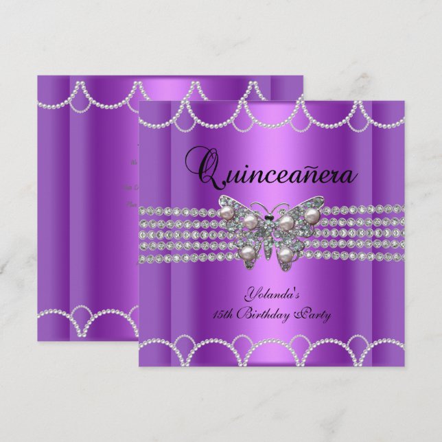 Convite Quinceanera 15ª Borboleta Roxa Pérola Renda (Frente/Verso)