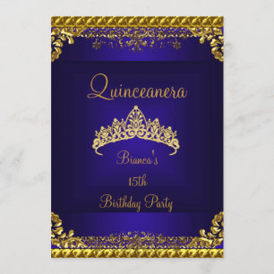 Convite Quinceanera 15ª Tiara de Diamantes Dourados Azul P