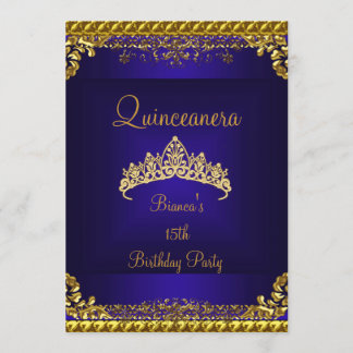 Convite Quinceanera 15ª Tiara de Diamantes Dourados Azul P