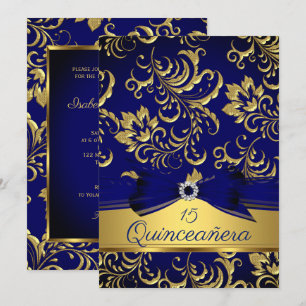 Convite Quinceanera 15º Azul Marinho Dourado Floral Damasc