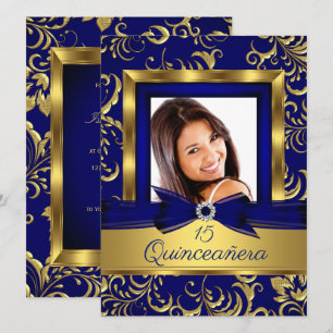 Convite Quinceanera 15º Azul Marinho Dourado Floral Foto