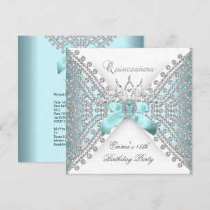 Convite Quinceanera 15º Azul Teal Prata Branco Diamante