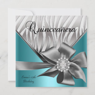 Convite Quinceanera 15º Azul Teal Prata Cinza Laço