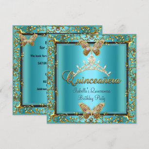 Convite Quinceañera 15º Azul Turquesa Borboleta Dourada