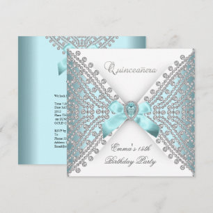 Convite Quinceanera 15º Azul Turquesa Branco Diamante Fals