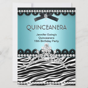 Convite Quinceanera 15º Azul Turquesa Tiara Preta Zebra