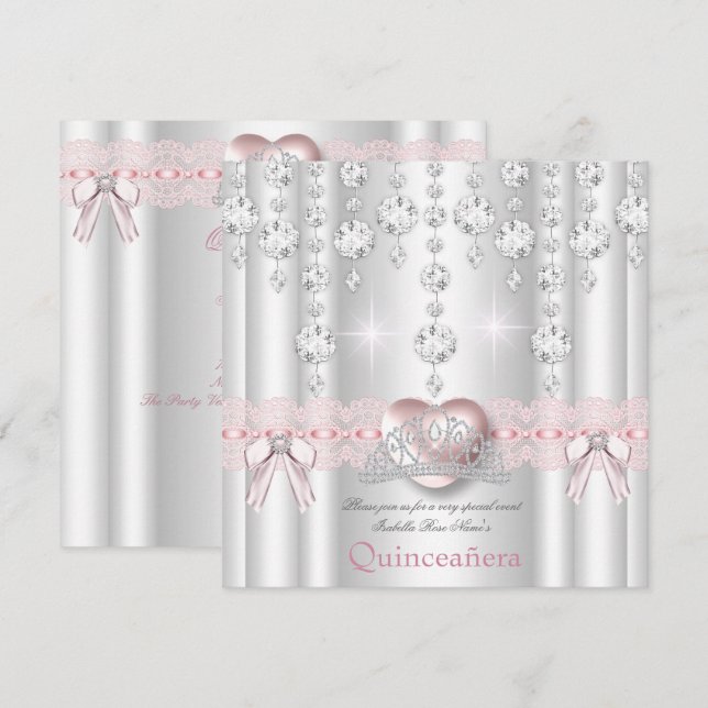 Convite Quinceanera 15º Coração Rosa Prata Diamantes 2 (Frente/Verso)