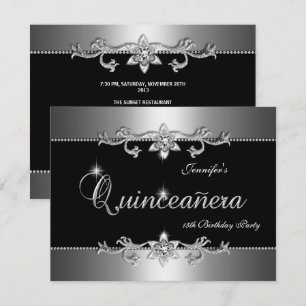 Convite Quinceanera 15º Elegante Festa Joia Preta Prata