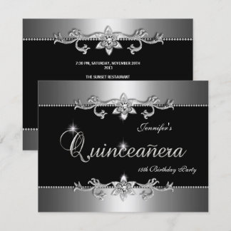 Convite Quinceanera 15º Elegante Festa Joia Preta Prata