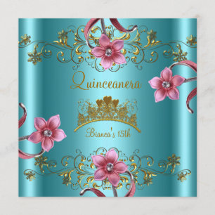 Convite Quinceanera 15º Flores Rosa Azul Turquesa Tiara Do