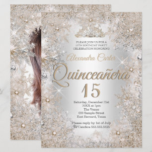 Convite Quinceanera 15º Foto Floco de Neve Prateado Bege