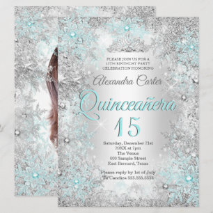 Convite Quinceanera 15º Foto Prata Azul Teal Floco de Neve