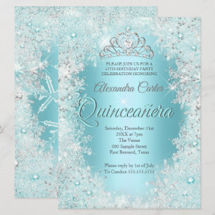 Convite Quinceanera 15º Linda Prata Azul Teal Floco de Nev