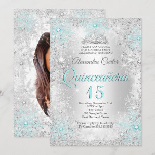 Convite Quinceanera 15º Prata Azul Teal Floco de Neve Foto
