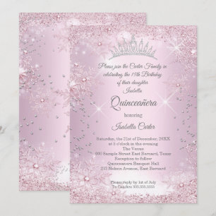 Convite Quinceanera 15º Rosa Nevado Floco de Neve Inverno