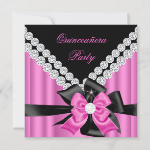 Convite Quinceanera 15º Rosa Prata Preto Laço Diamantes