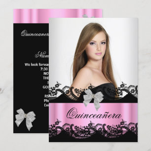 Convite Quinceanera 15º Rosa Preto Branco Renda Foto