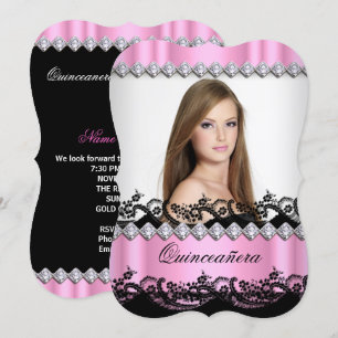 Convite Quinceanera 15º Rosa Preto Branco Renda Foto