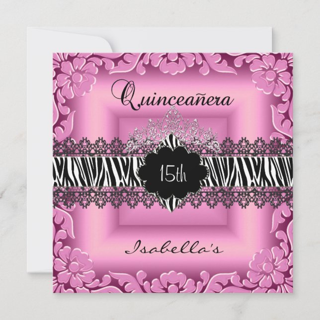 Convite Quinceanera 15º Rosa Preto Branco Zebra Renda (Frente)