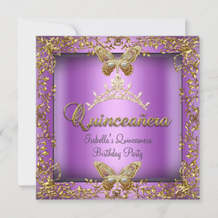 Convite Quinceañera 15º Rosa Roxo Borboleta Dourada