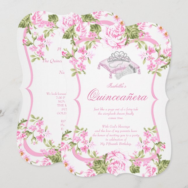 Convite Quinceanera 15º Rosas Flores Rosa Doce (Frente/Verso)