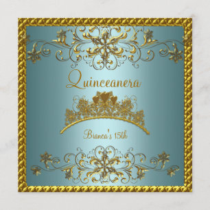 Convite Quinceanera 15º Tiara Azul Teal Dourado