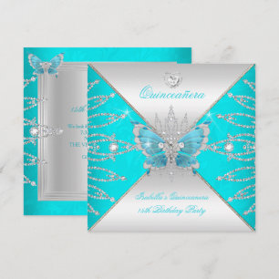 Convite Quinceanera 15º Tiara Azul Teal Prata Borboleta