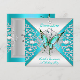 Convite Quinceanera 15º Tiara Azul Teal Prateada Borboleta
