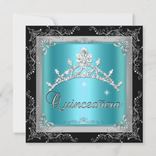 Convite Quinceanera 15º Tiara Azul Turquesa Prata Preto