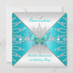 Convite Quinceanera 15º Tiara Borboleta Prata Teal 3