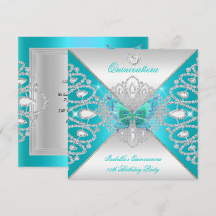Convite Quinceanera 15º Tiara Borboleta Prata Turquesa 2