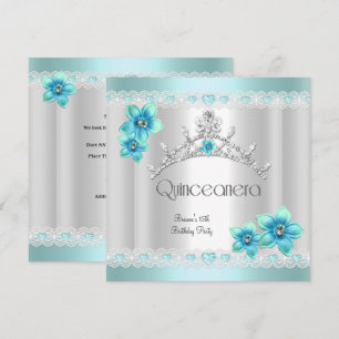 Convite Quinceanera 15º Tiara Branco Azul Turquesa Prata