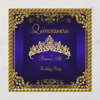 Convite Quinceanera 15º Tiara de Diamantes Dourados Azul P
