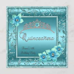 Convite Quinceañera 15º Tiara Flor Azul Turquesa Prata