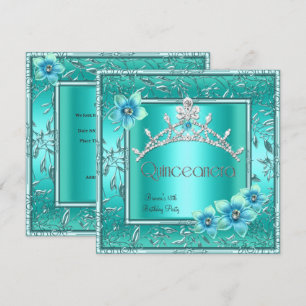 Convite Quinceanera 15º Tiara Flor de Azul Teal Prata