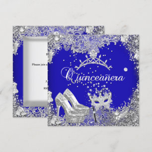Convite Quinceanera 15º Tiara Máscara de Prata Azul Cobalt